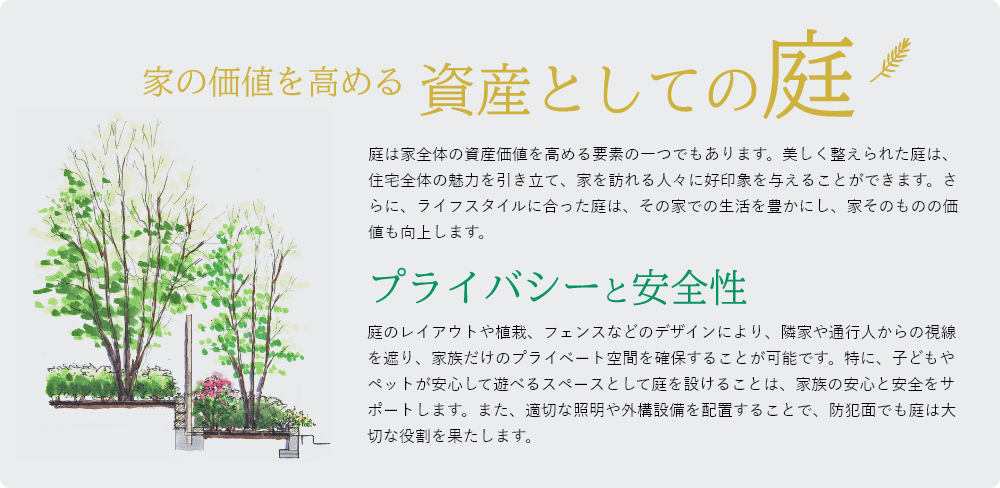 資産としての庭　庭は住まいの価値を高め、家族の暮らしを豊かにする大切な空間です。プライバシーや安全性を確保しながら、快適な生活環境を創出します。